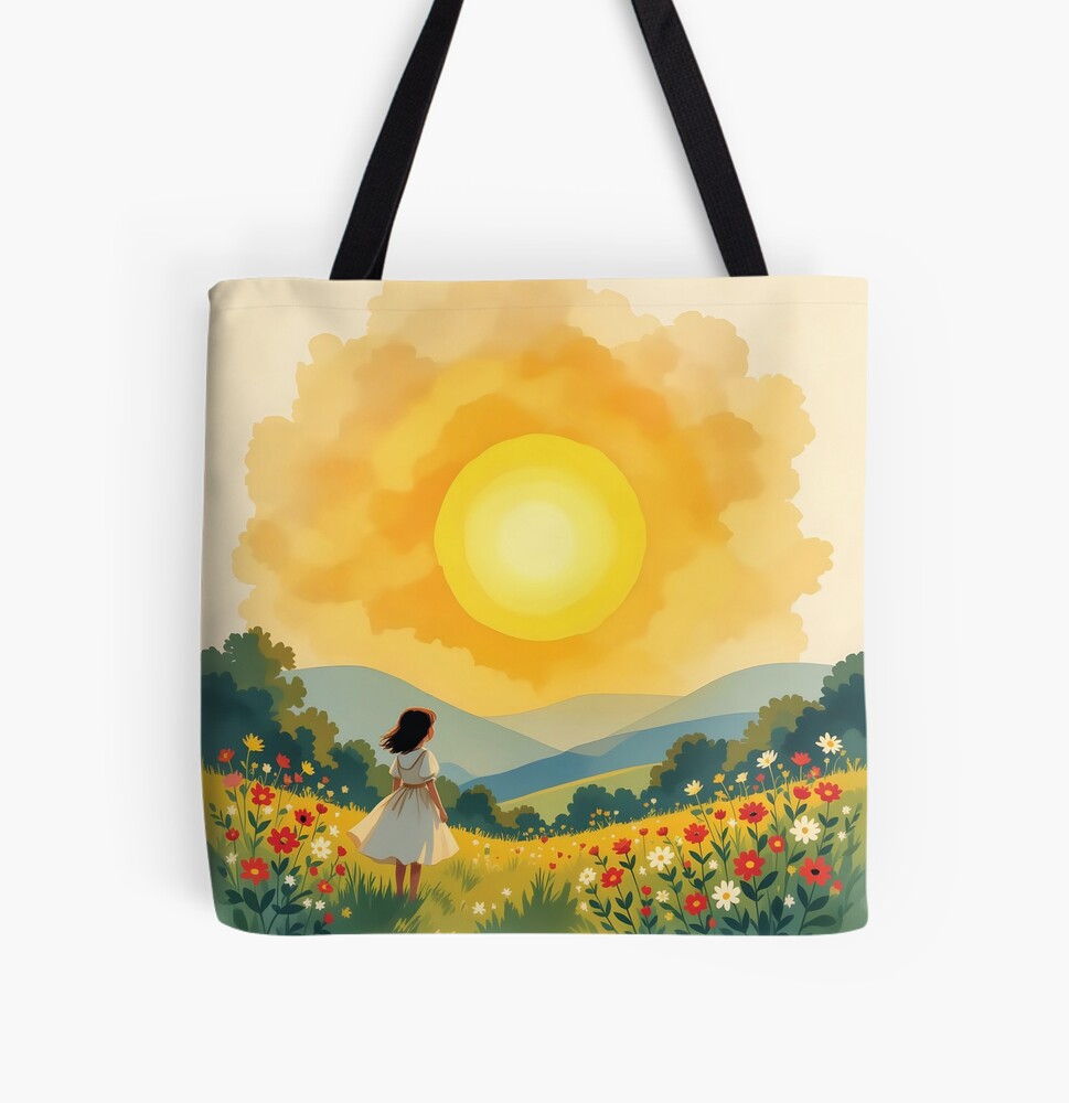 Woman in field with bright sun, colorful flowers